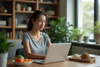 Femme attentive regardant une video diet sur son ordinateur
