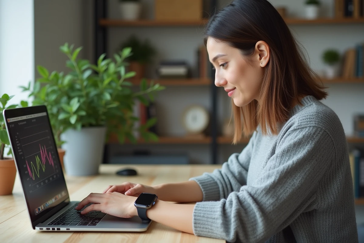 Femme ajuste sa montre connectee au bureau a domicile