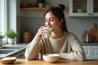 Femme en pull oatmeal dégustant riz eau dans une cuisine lumineuse