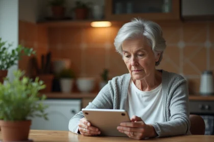 Femme d'une soixantaine d'années consultant un blog santé sur une tablette dans sa cuisine, ambiance sereine et rassurante