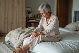 Femme senior se massant la jambe dans un lit cosy