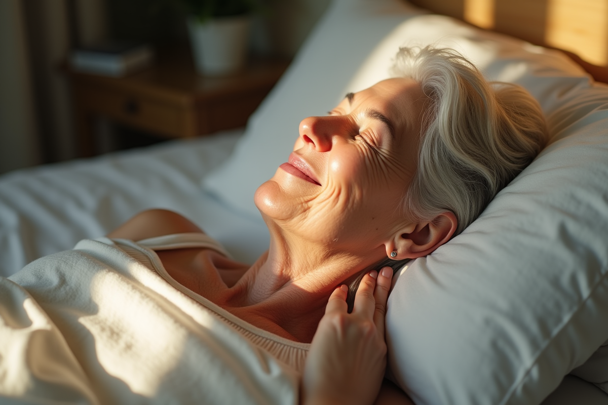 Femme senior souriante dormant paisiblement dans une chambre lumineuse