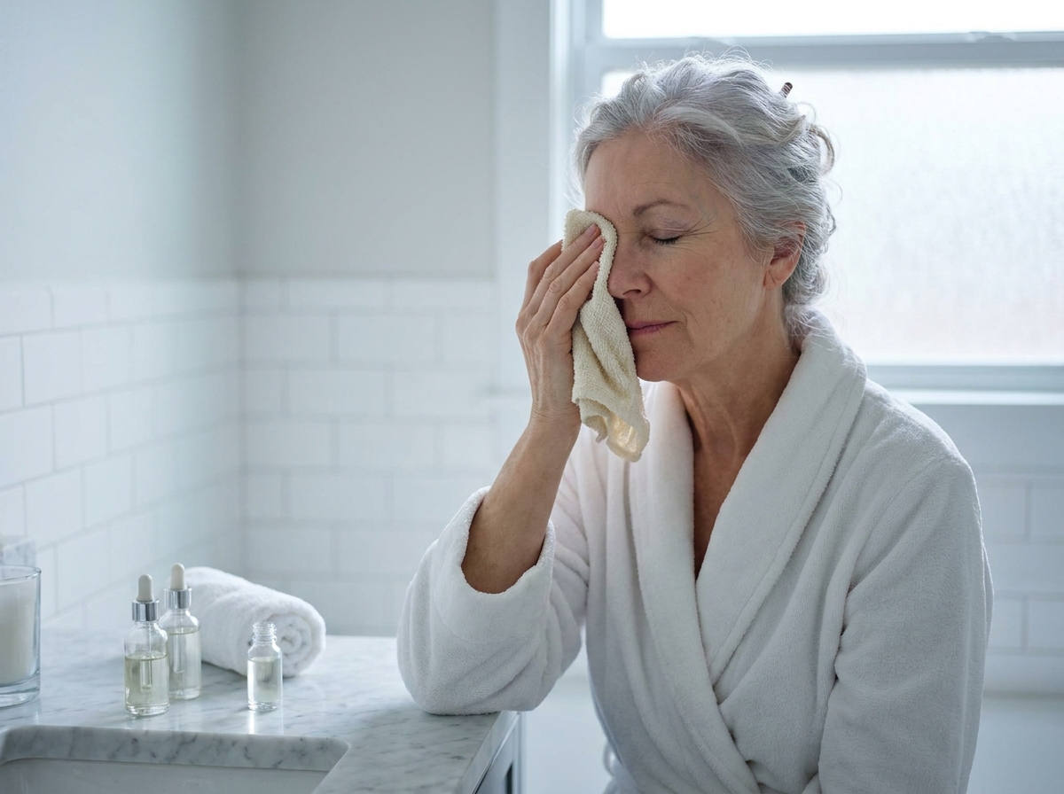 Femme mature appliquant une compresse apaisante sur les yeux dans une salle de bain lumineuse, illustrant les soins oculaires comme étape essentielle de la routine bien-être