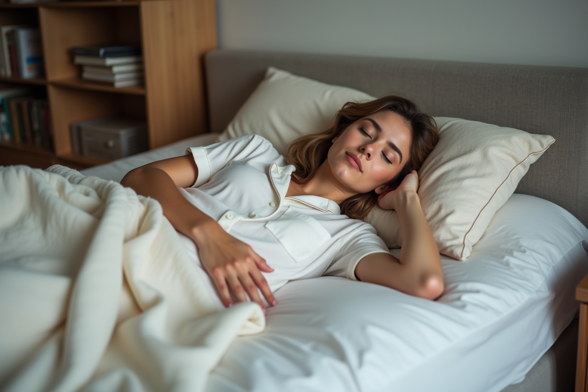 Femme endormie paisiblement dans un lit confortable