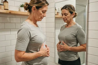 Femme mature observant l'évolution de son corps devant un miroir de salle de bain, suivi corporel après traitement hormonal