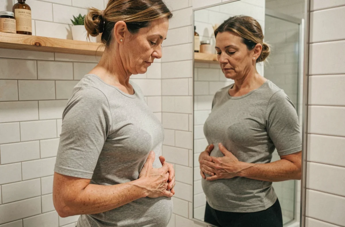 Femme mature observant l'évolution de son corps devant un miroir de salle de bain, suivi corporel après traitement hormonal