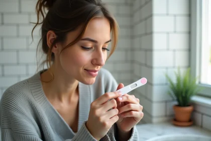 Femme tenant un test de grossesse dans une salle de bain blanche, examinant attentivement le résultat avec une expression concentrée