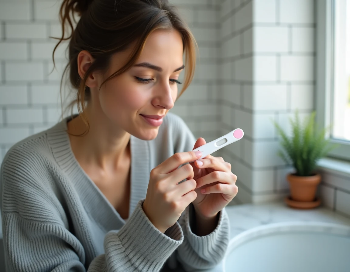 Femme tenant un test de grossesse dans une salle de bain blanche, examinant attentivement le résultat avec une expression concentrée
