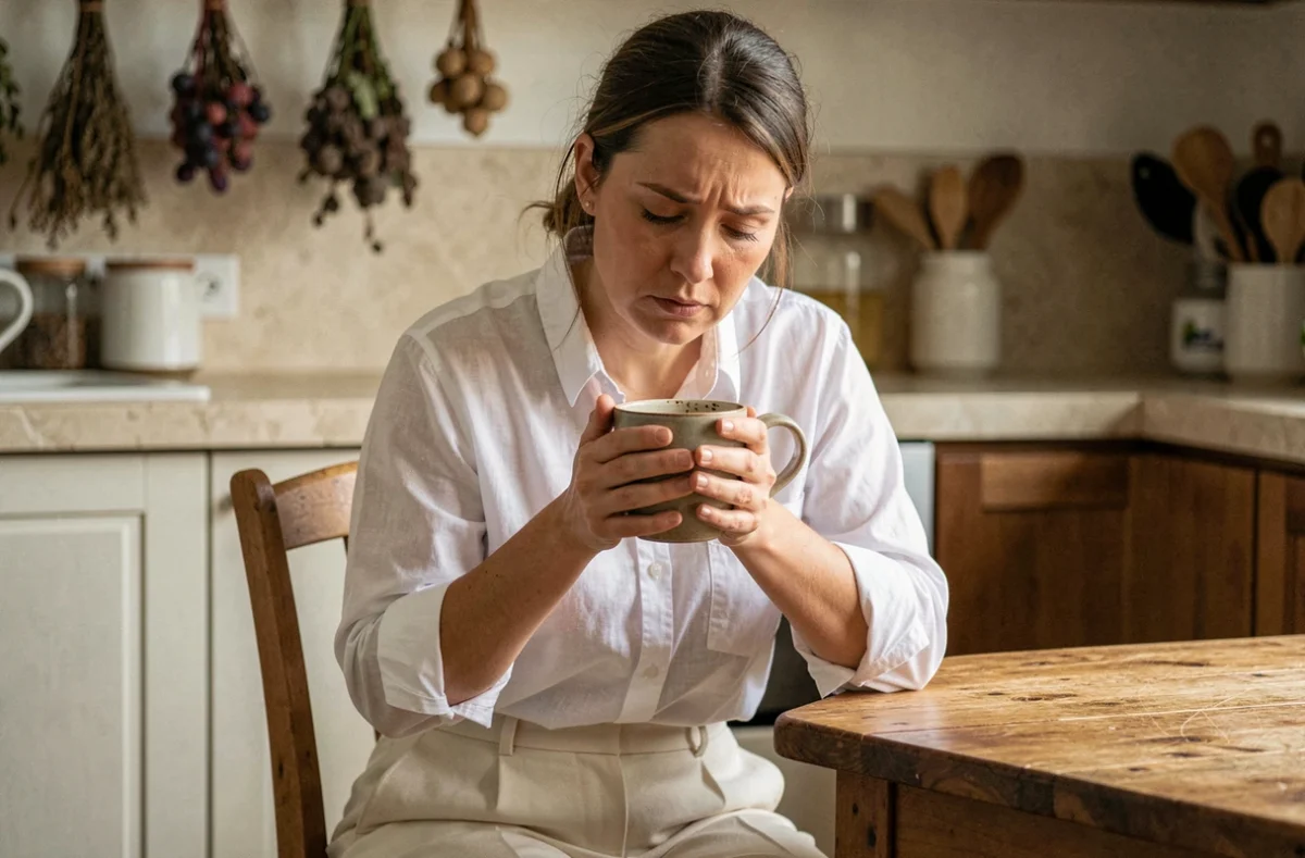 Femme tenant une tasse de tisane à une table en bois après une séance de magnétisme, expression fatiguée et sereine illustrant la récupération post-traitement énergétique