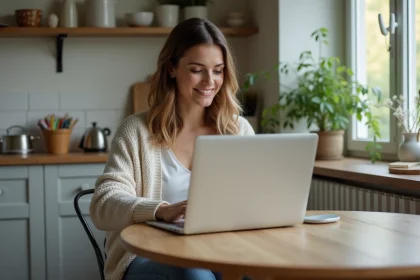 Femme souriante travaillant sur son ordinateur dans la cuisine
