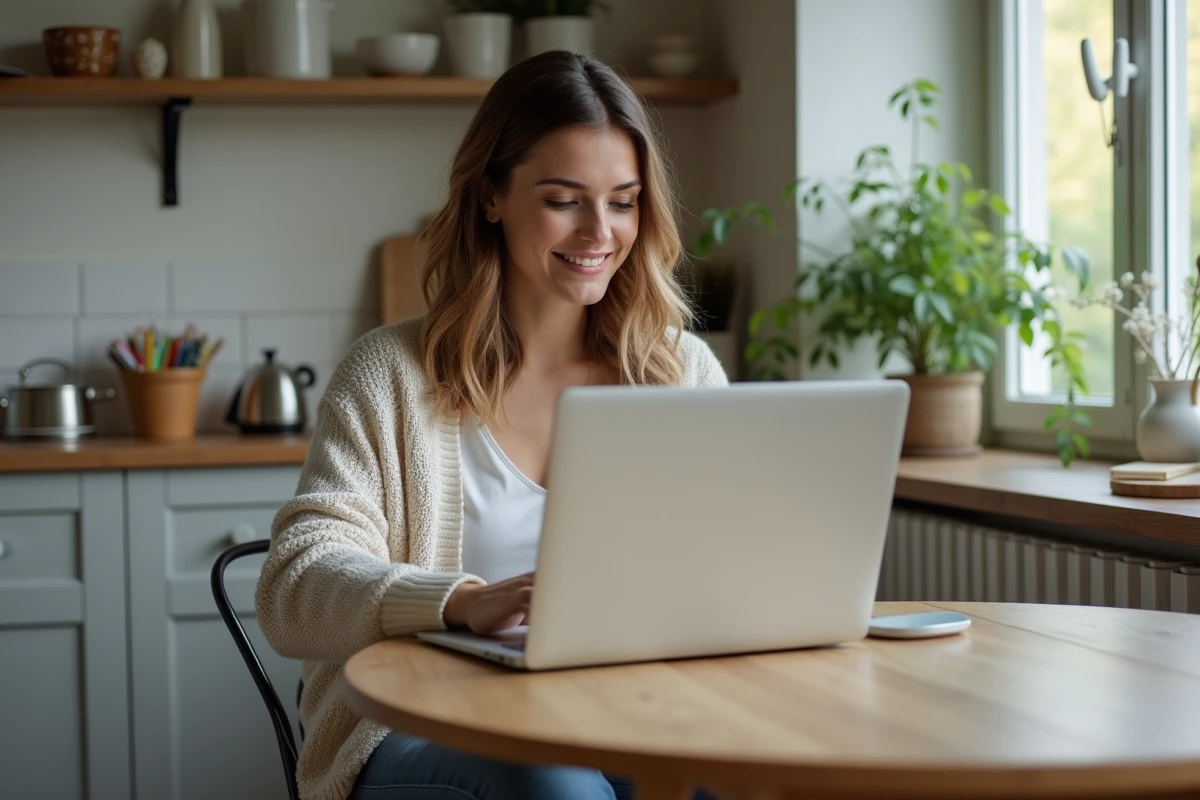 Femme souriante travaillant sur son ordinateur dans la cuisine