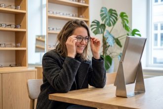 Femme souriante essayant des lunettes dans une boutique optique