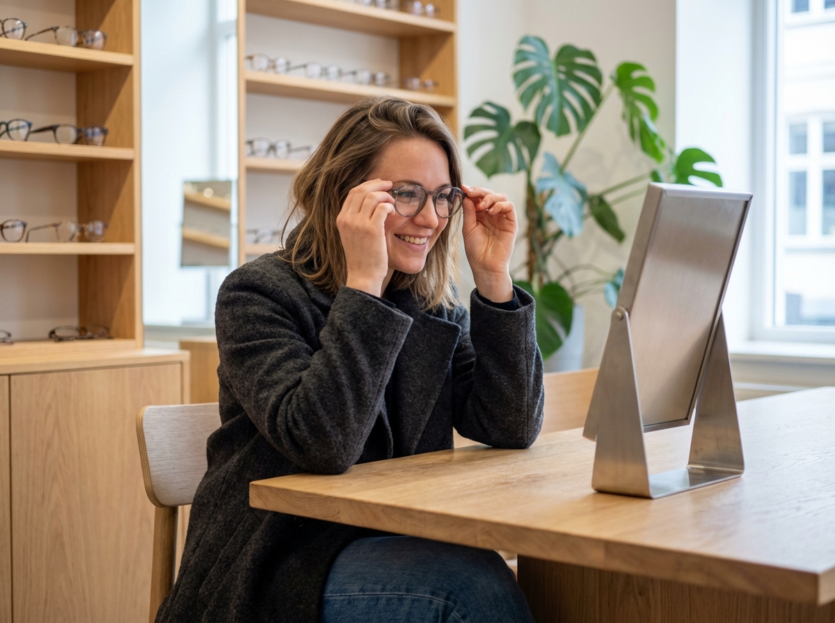 Femme souriante essayant des lunettes dans une boutique optique