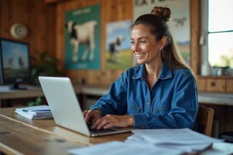 Fermière en bleu vérifiant rapports de qualité du lait