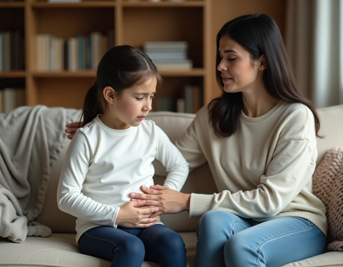 Fillette de 10 ans avec douleur au côté droit accompagnée de sa mère inquiète sur un canapé à la maison