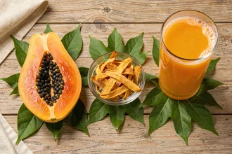 Trois formats de papaye côte à côte : fraîche en tranches, séchée en lamelles et en jus dans un verre, sur une surface en bois clair