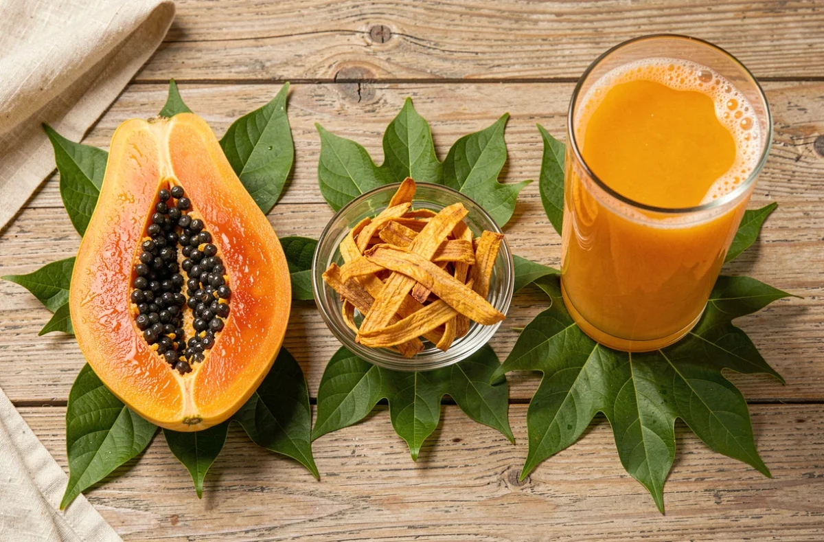 Trois formats de papaye côte à côte : fraîche en tranches, séchée en lamelles et en jus dans un verre, sur une surface en bois clair