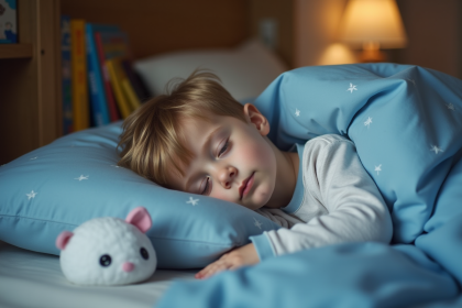 Jeune gar&ccedil;on dormant paisiblement dans sa chambre britannique