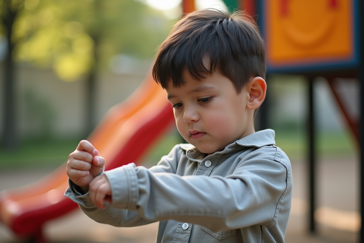 Jeune garçon se grattant le bras dans un parc extérieur