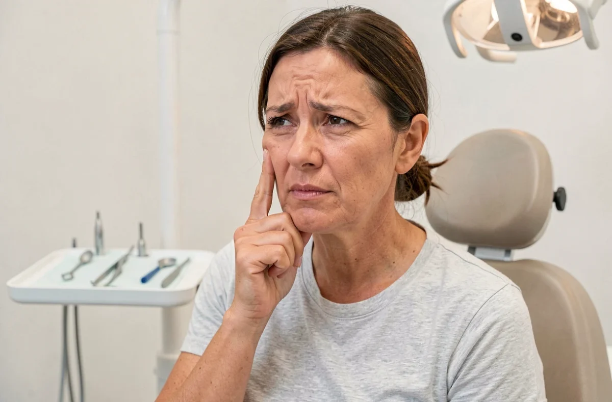 Femme en consultation dentaire exprimant une gêne dans le palais ou la bouche