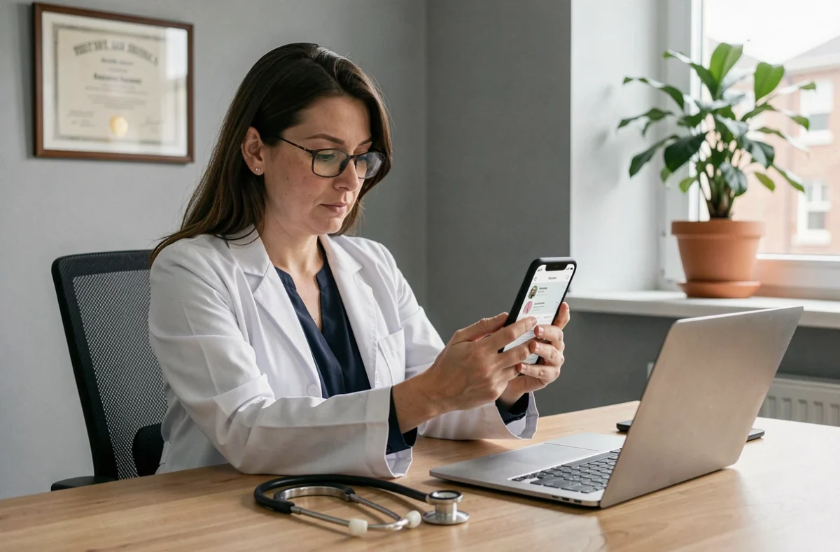 Médecin généraliste utilisant une application de suivi patient sur mobile dans son cabinet médical