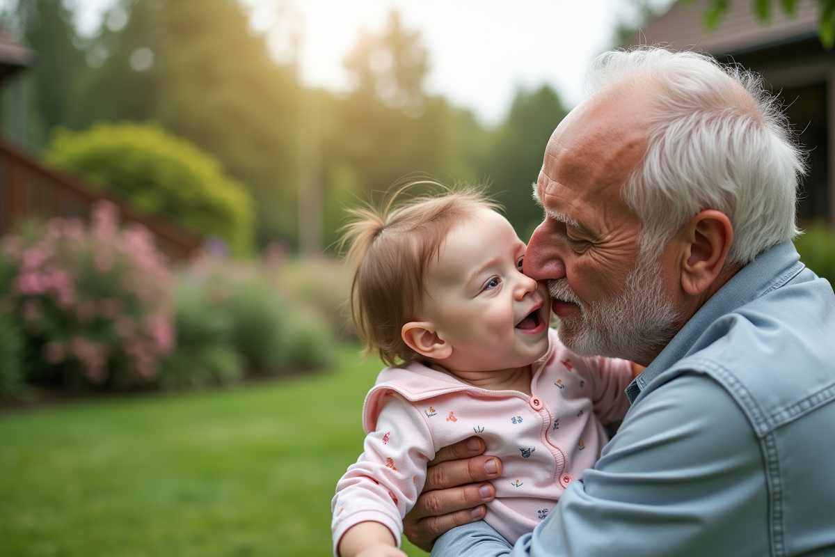 Grand-pere embrassant tendrement sa petite fille dans un jardin