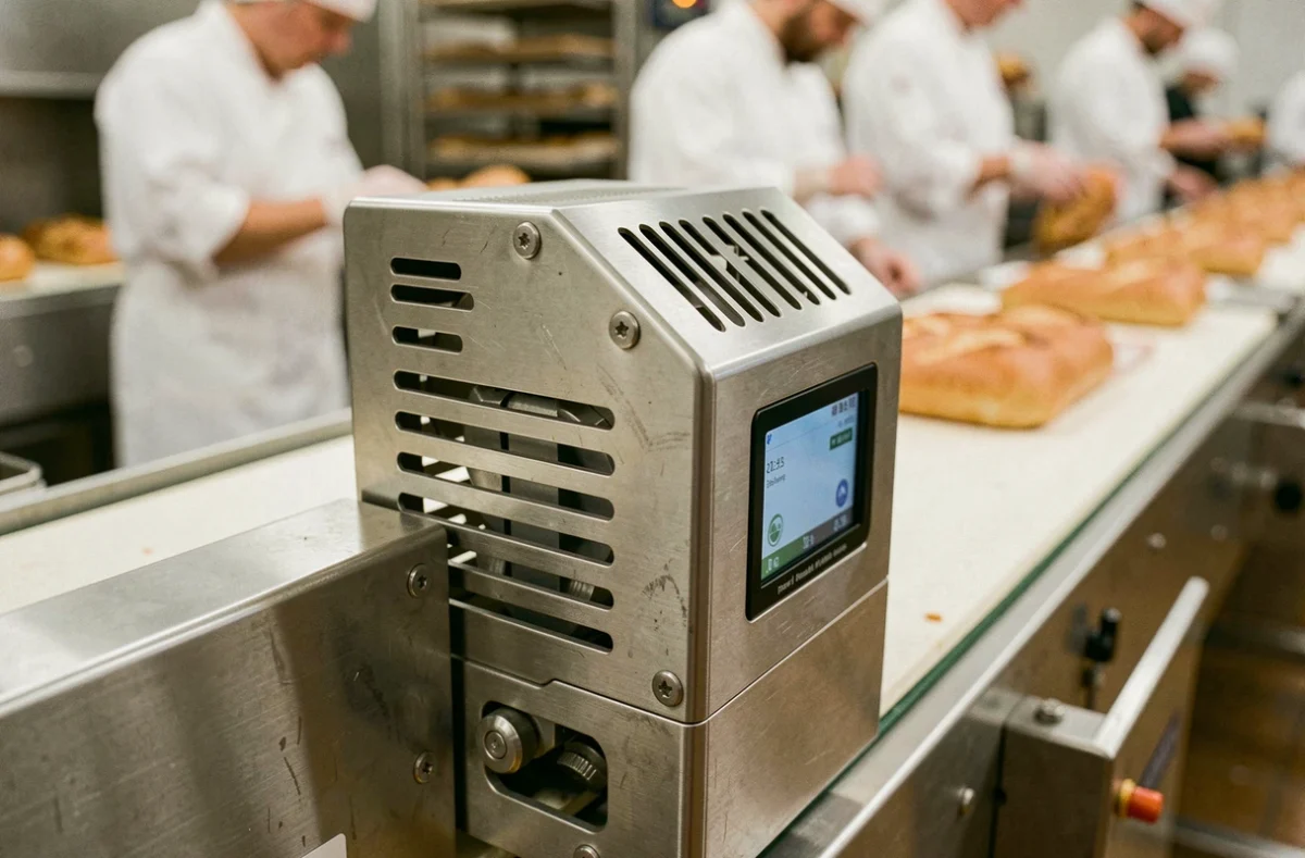 Gros plan sur un aérobiocollecteur professionnel installé près d'un convoyeur dans une boulangerie industrielle