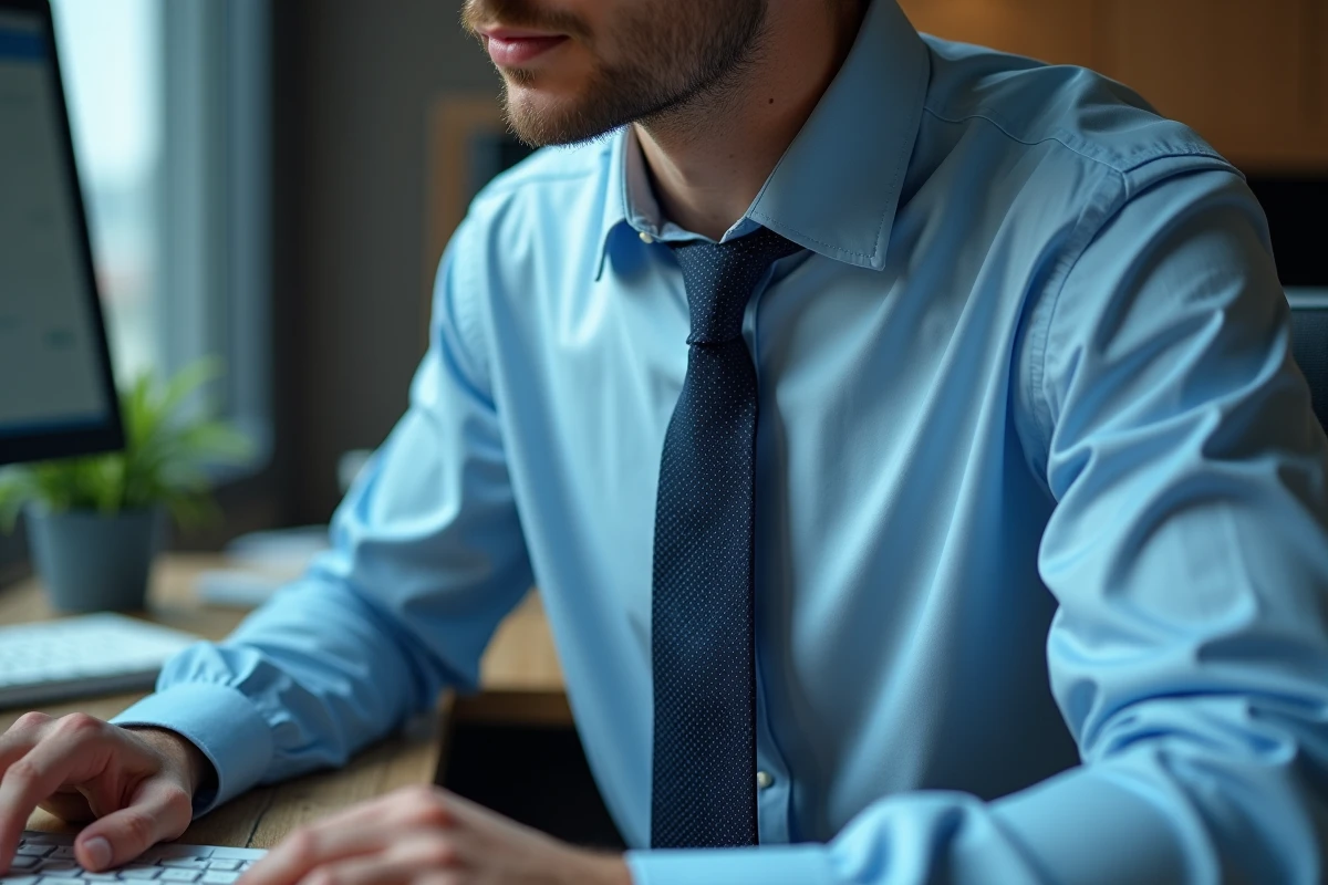 Gros plan sur un col de chemise bleu clair ouvert à deux boutons avec cravate desserrée, illustrant une tenue décontractée au bureau pouvant nuire à l'image professionnelle