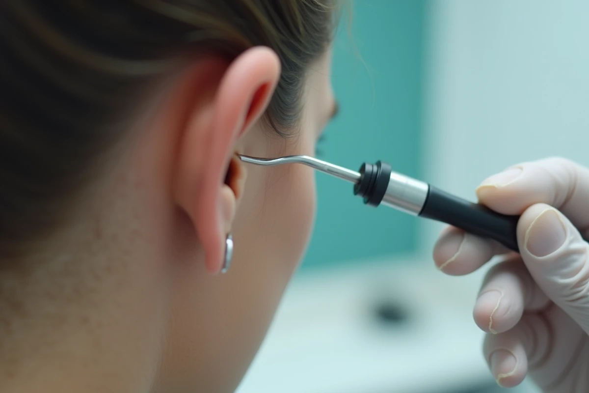 Gros plan d'une oreille humaine examinée avec un otoscope, illustrant le diagnostic des séquelles de névrite vestibulaire et des acouphènes