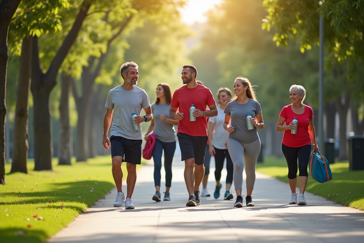 Groupe d'adultes actifs dans un parc urbain ensoleille