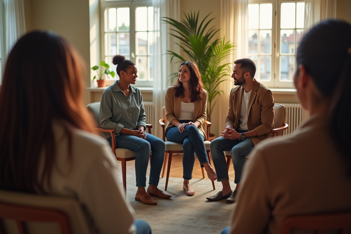 Groupe de thérapie en cercle avec des participants attentifs