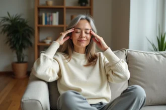 Femme en convalescence de la maladie de Ménière pratiquant une technique de relaxation chez elle