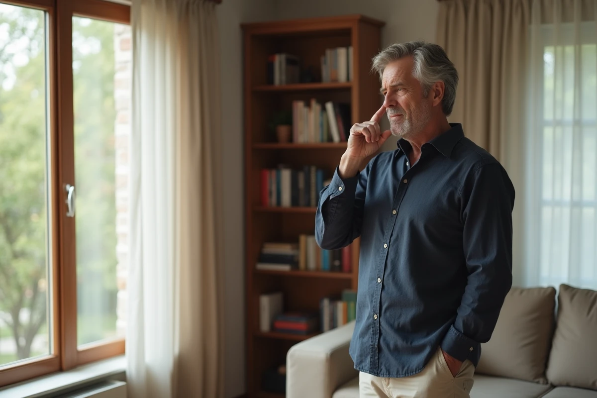 Homme adulte tenant son oreille à son domicile, illustrant les séquelles d'acouphènes liés à une névrite vestibulaire