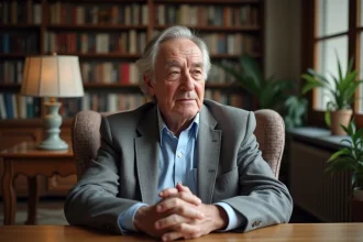 Homme agee en costume dans un salon cosy avec livres