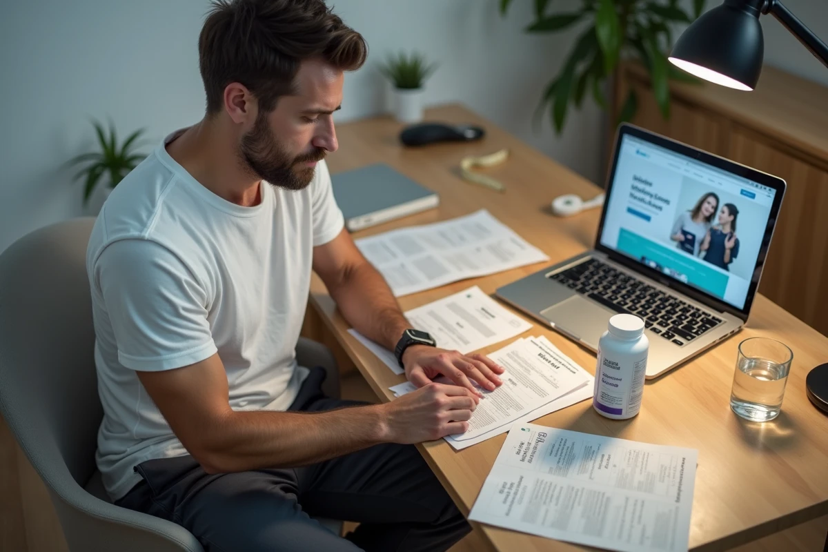 Homme analysant les informations nutritionnelles du complément minceur Get Slimms M6 à son bureau avec une bouteille de produit et un ruban de mesure