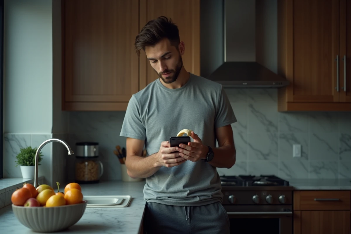 Homme tenant une banane dans une cuisine moderne le soir avant de dormir