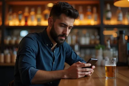 Homme au bar consultant un simulateur d'alcoolémie en ligne sur son smartphone avant de prendre le volant