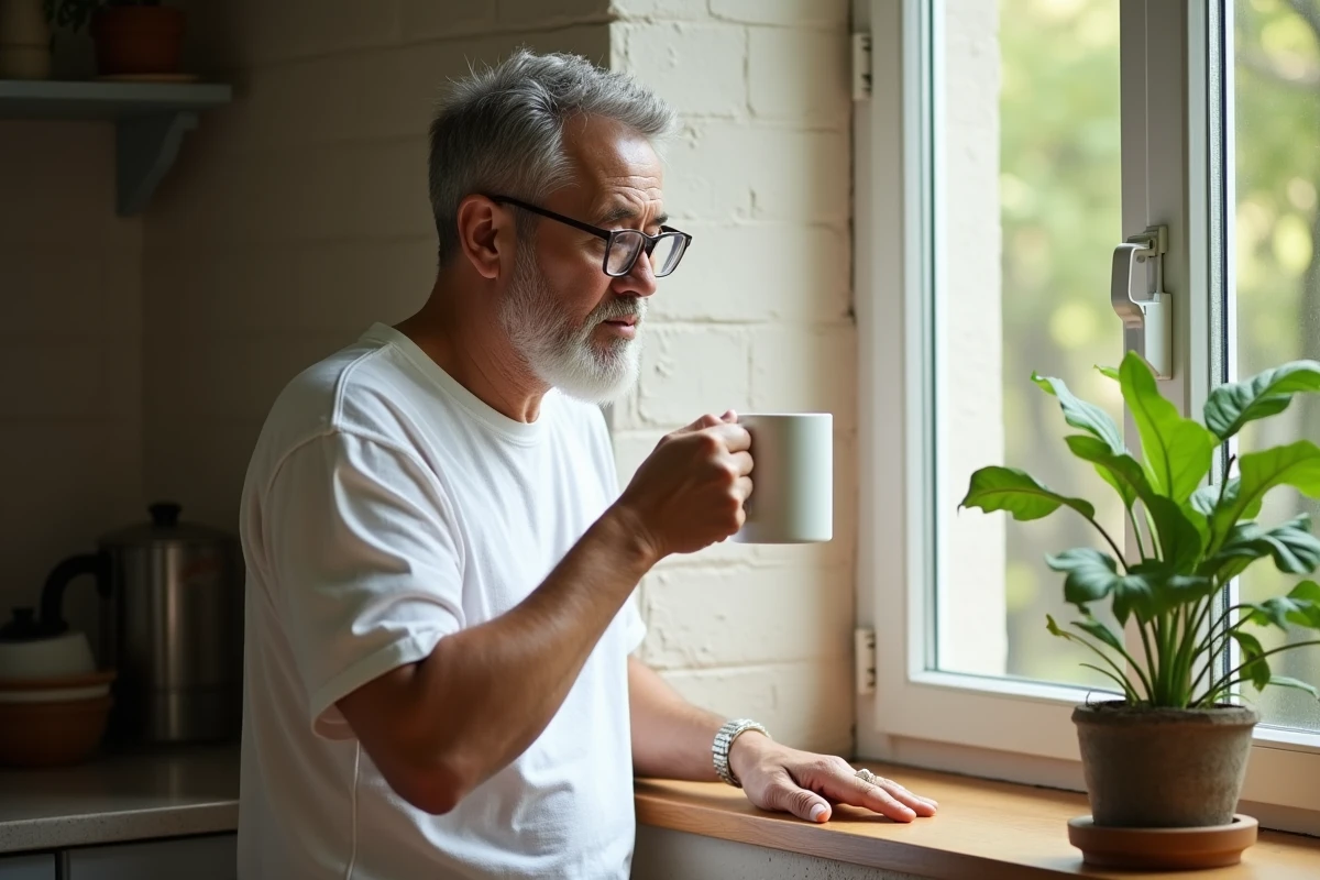 Homme en t-shirt blanc buvant riz eau dans une salle ensoleillee
