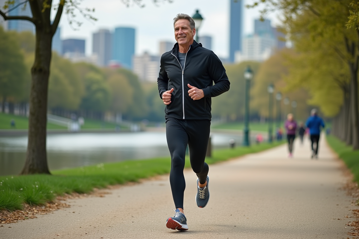 Homme courant dans un parc urbain au bord de la rivière