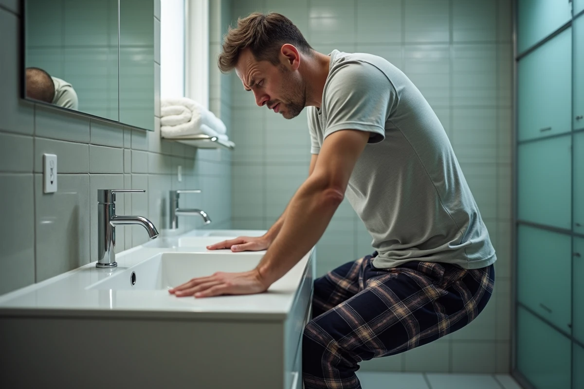 Homme au lavabo avec expression de malaise