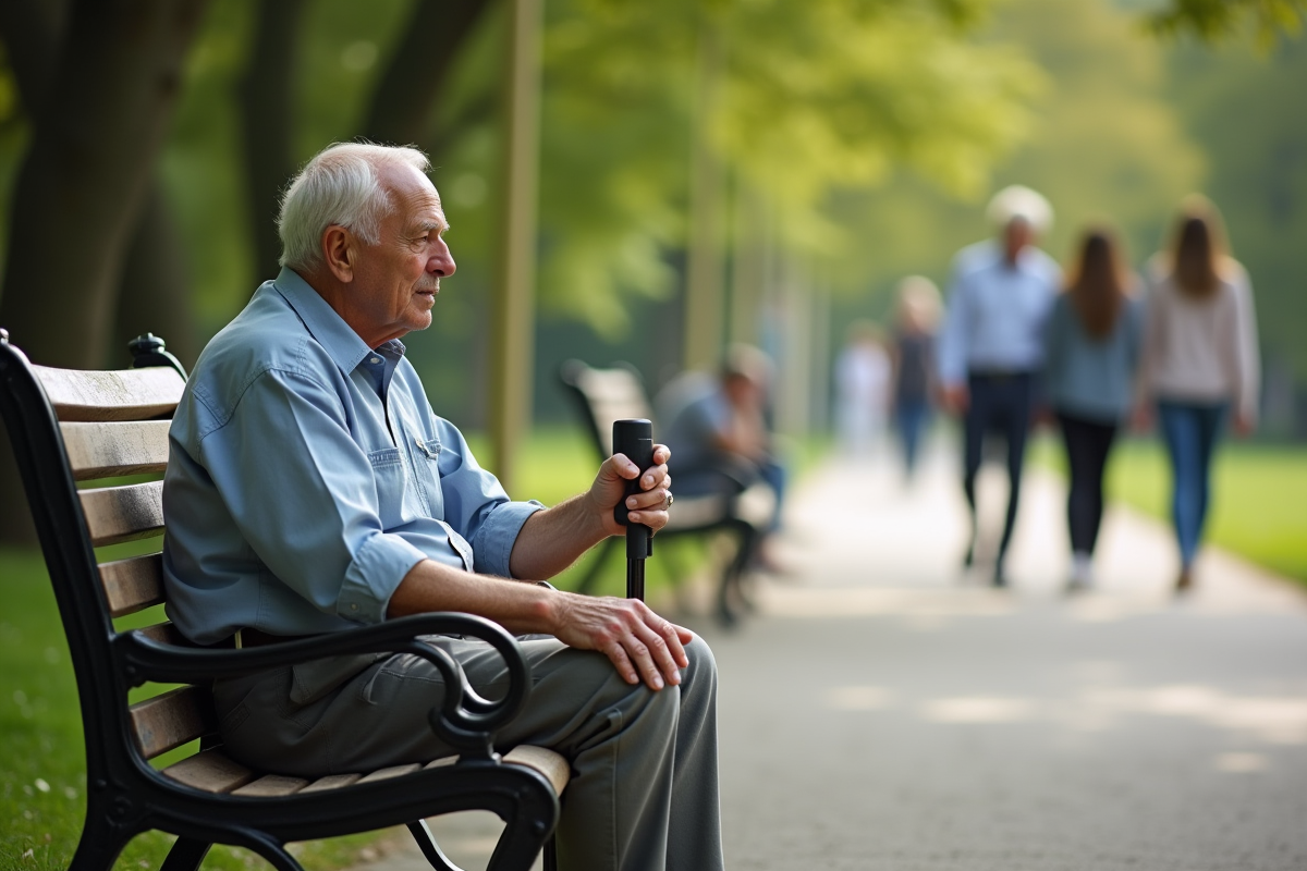 Homme âgé assis sur un banc dans un parc en promenade
