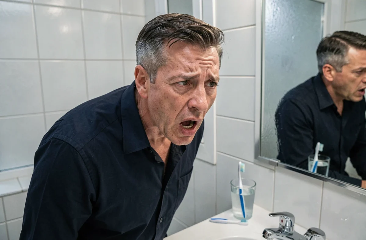 Homme s'examinant l'intérieur de la bouche devant un miroir à domicile pour détecter une anomalie