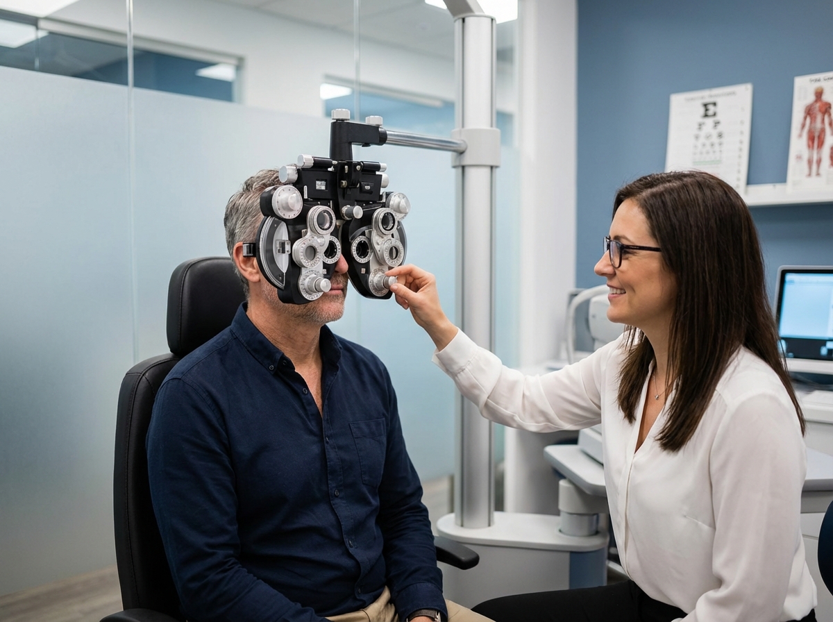 Homme lors d&rsquo;un examen de la vue avec un optom&eacute;triste