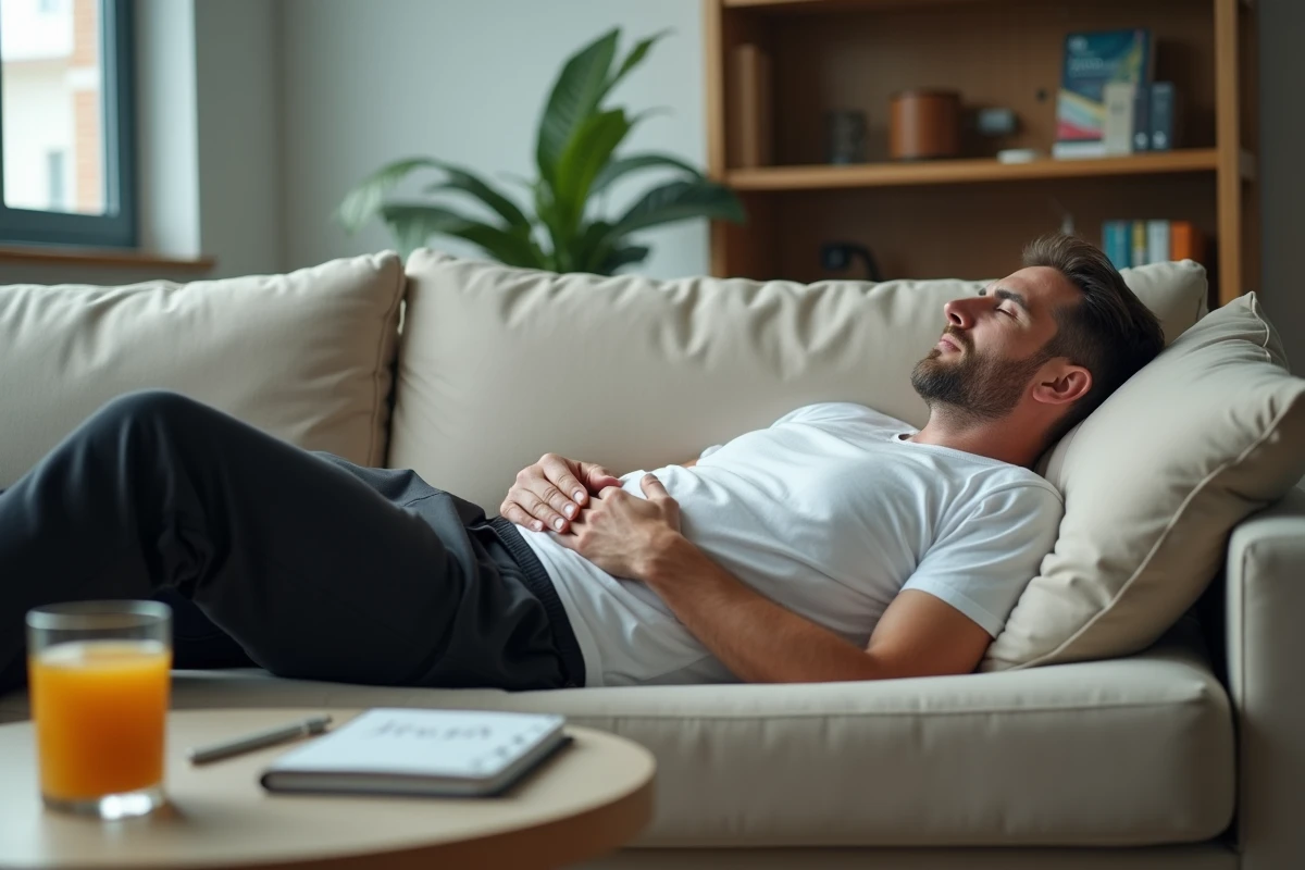 Homme allongé sur un canapé ressentant de la fatigue musculaire liée à un taux de potassium bas dans le sang