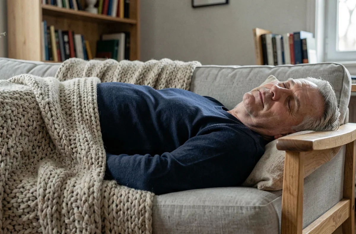 Homme allongé sur un canapé sous une couverture en laine après une séance de magnétisme, visage détendu exprimant la fatigue et la récupération énergétique