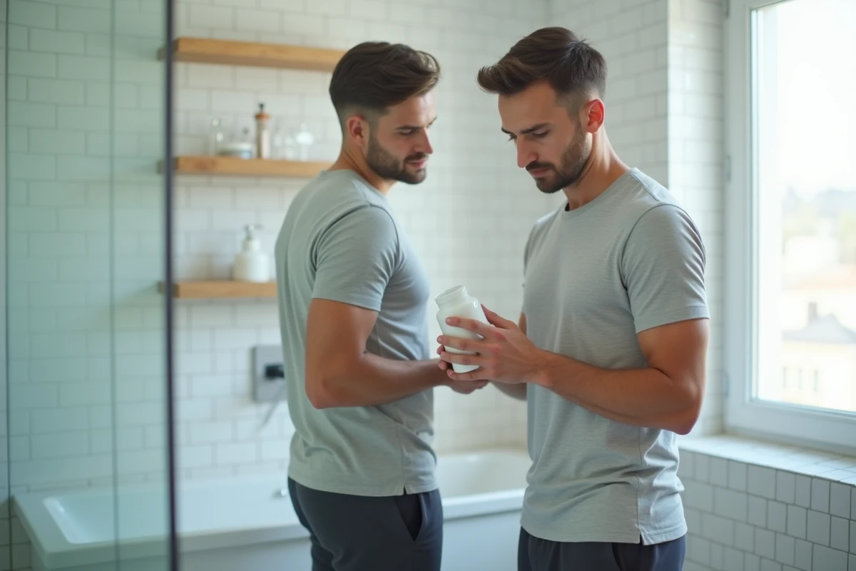 Homme examinant un flacon de probiotiques dans une salle de bain moderne minimaliste