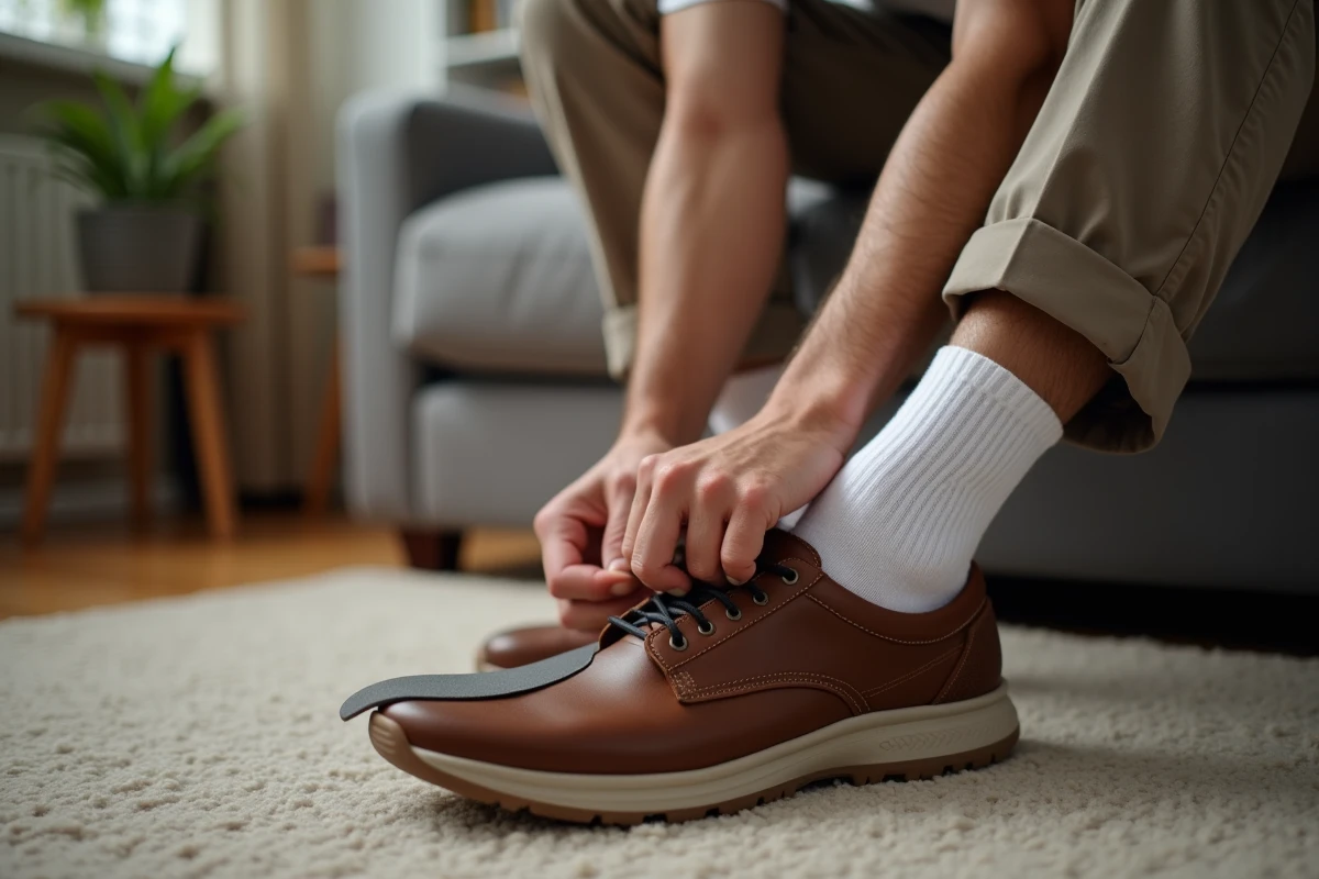 Homme insérant une semelle confort Akusoli dans une chaussure de marche à domicile