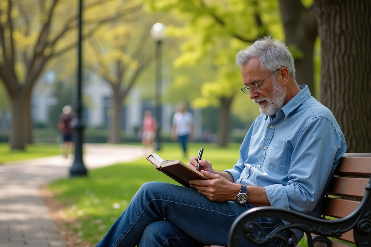 Homme écrivant dans un journal keto au parc
