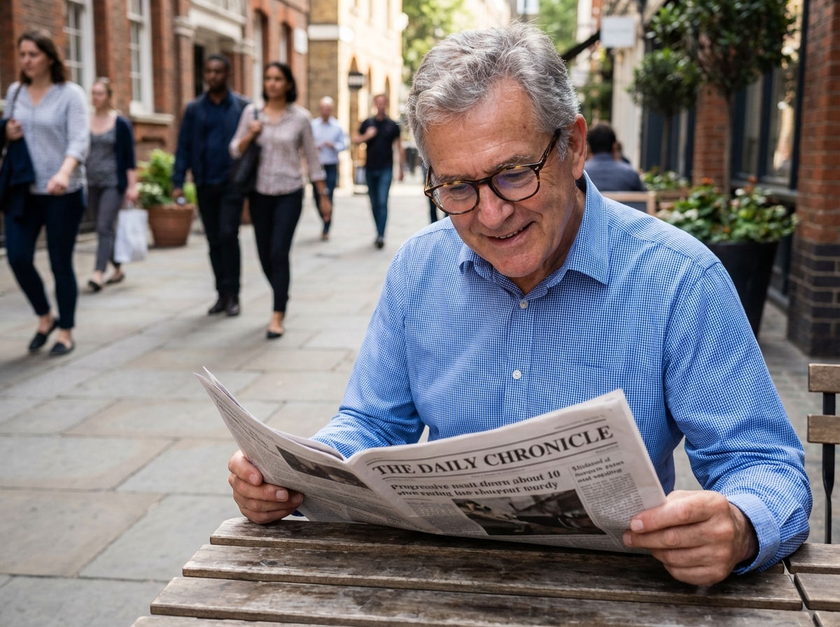 Homme &acirc;g&eacute; lisant un journal avec des lunettes progressives en ext&eacute;rieur