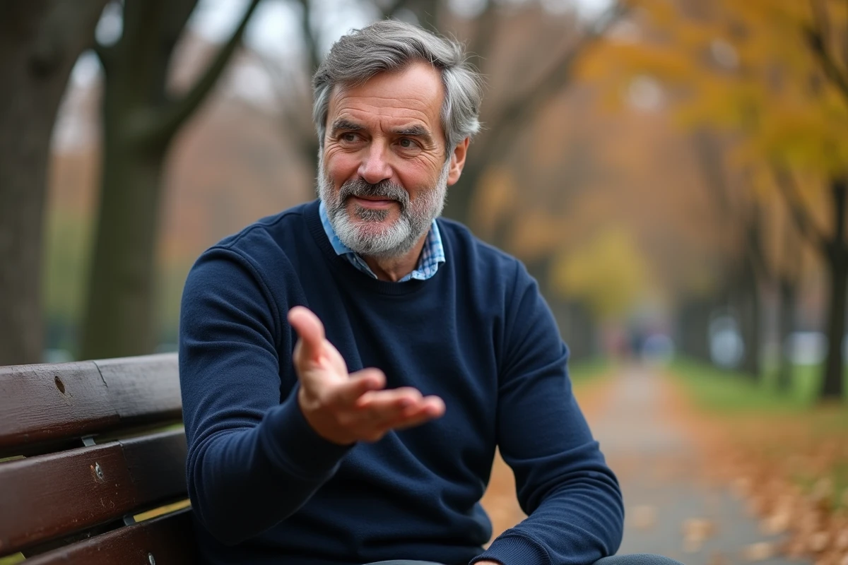 Homme contemplant sa paume de main droite dans un parc en automne, lié à la croyance populaire de la main qui gratte